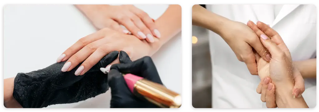 Profesyonel manikür, tırnak şekillendirme, el peelingi ve güzellik salonu el bakımı prosedürlerini içeren modern kolaj.